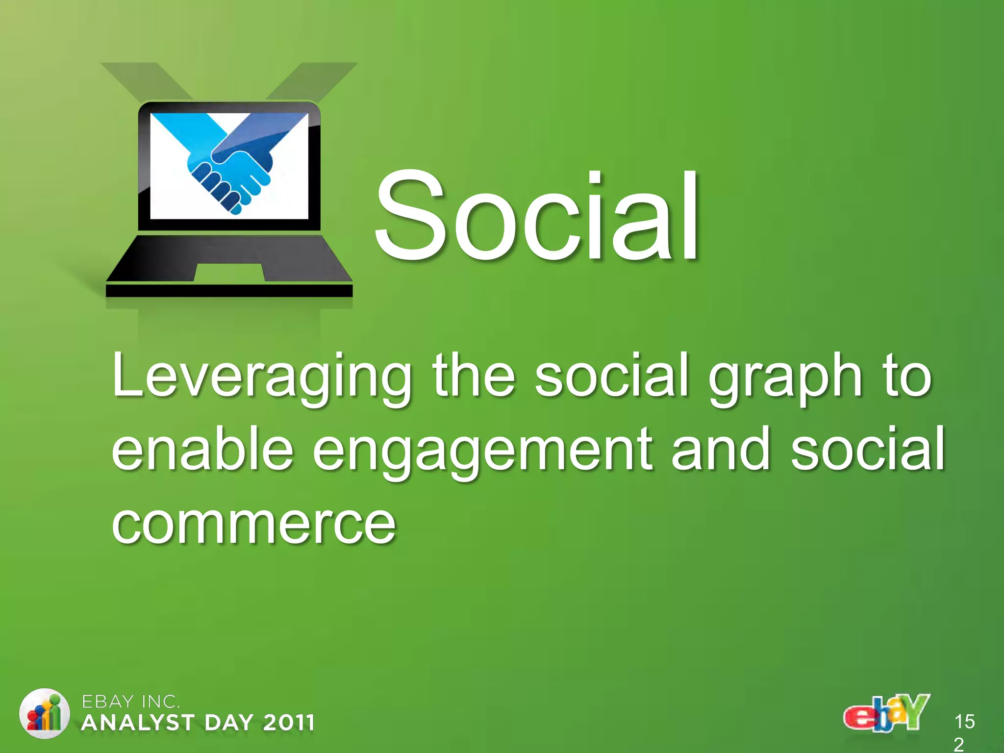Social
Leveraging the social graph to
enable engagement and social
commerce


                                 15
                                 2
 