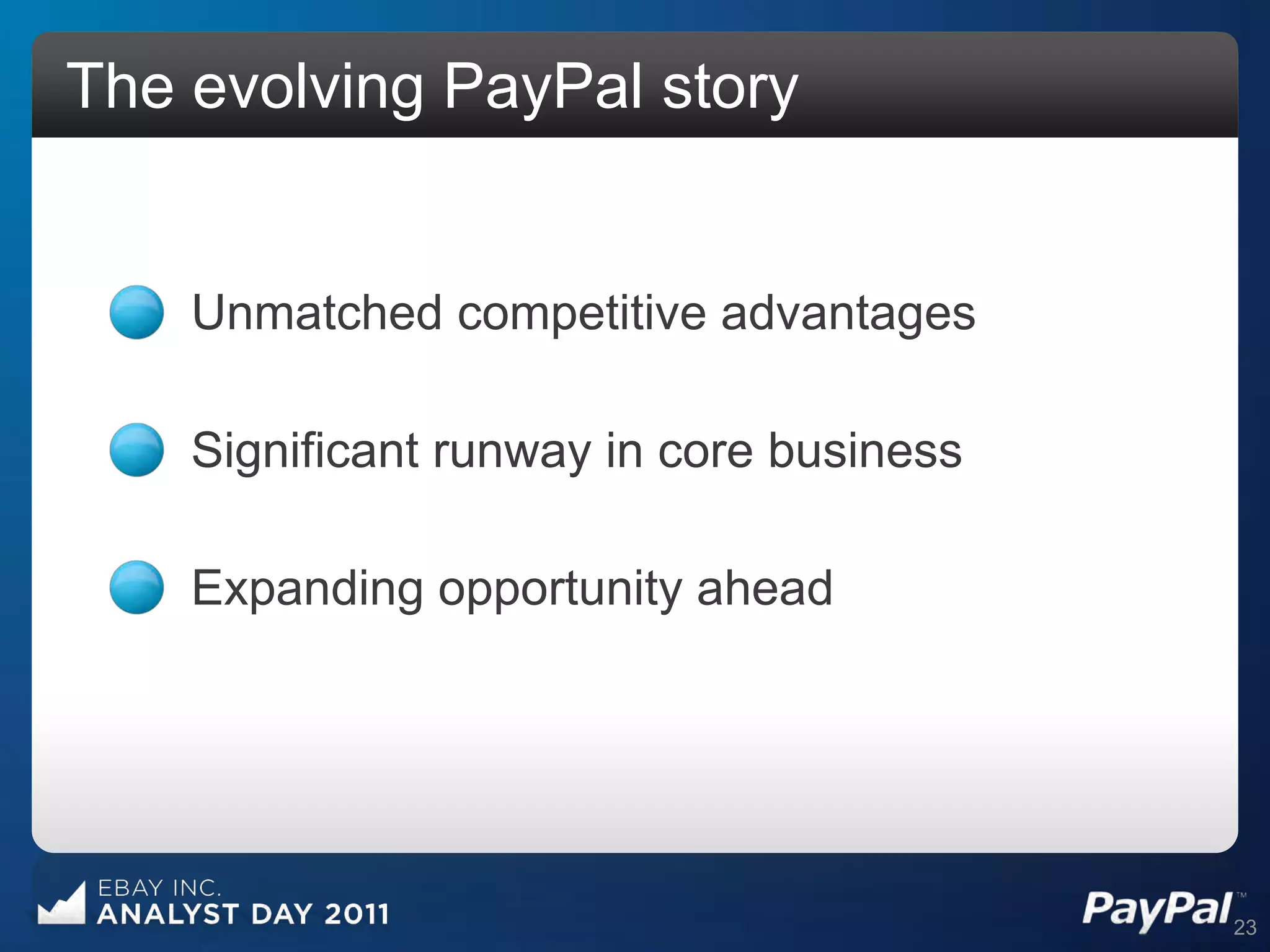 The evolving PayPal story


    Unmatched competitive advantages

    Significant runway in core business

    Expanding opportunity ahead




                                          23
 