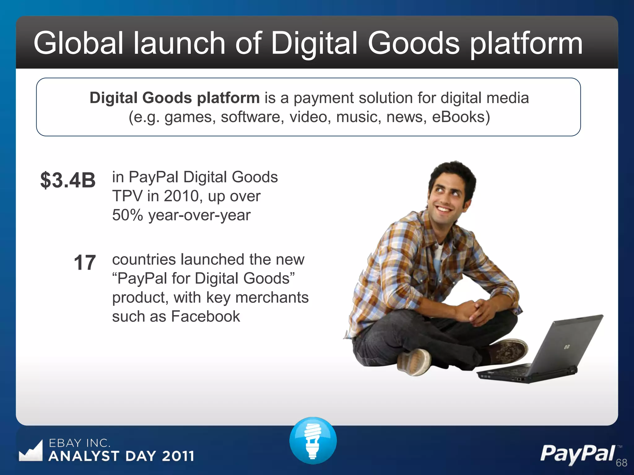 Global launch of Digital Goods platform
    Digital Goods platform is a payment solution for digital media
         (e.g. games, software, video, music, news, eBooks)



$3.4B   in PayPal Digital Goods
        TPV in 2010, up over
        50% year-over-year


  17    countries launched the new
        “PayPal for Digital Goods”
        product, with key merchants
        such as Facebook




                                                                     68
 