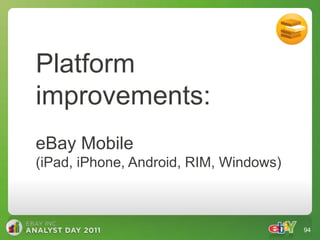 Platform
improvements:
eBay Mobile
(iPad, iPhone, Android, RIM, Windows)



                                        94
 