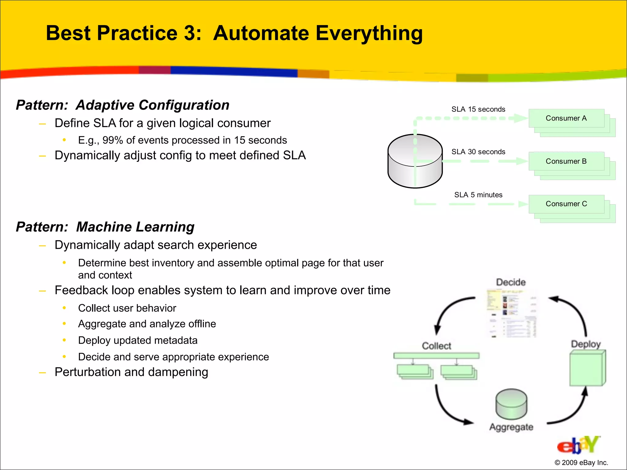 Best Practice 3: Automate Everything


Pattern: Adaptive Configuration
   – Define SLA for a given logical consumer
       •   E.g., 99% of events processed in 15 seconds
   – Dynamically adjust config to meet defined SLA




Pattern: Machine Learning
   – Dynamically adapt search experience
       •   Determine best inventory and assemble optimal page for that user
           and context
   – Feedback loop enables system to learn and improve over time
       •   Collect user behavior
       •   Aggregate and analyze offline
       •   Deploy updated metadata
       •   Decide and serve appropriate experience
   – Perturbation and dampening




                                                                              © 2009 eBay Inc.
 