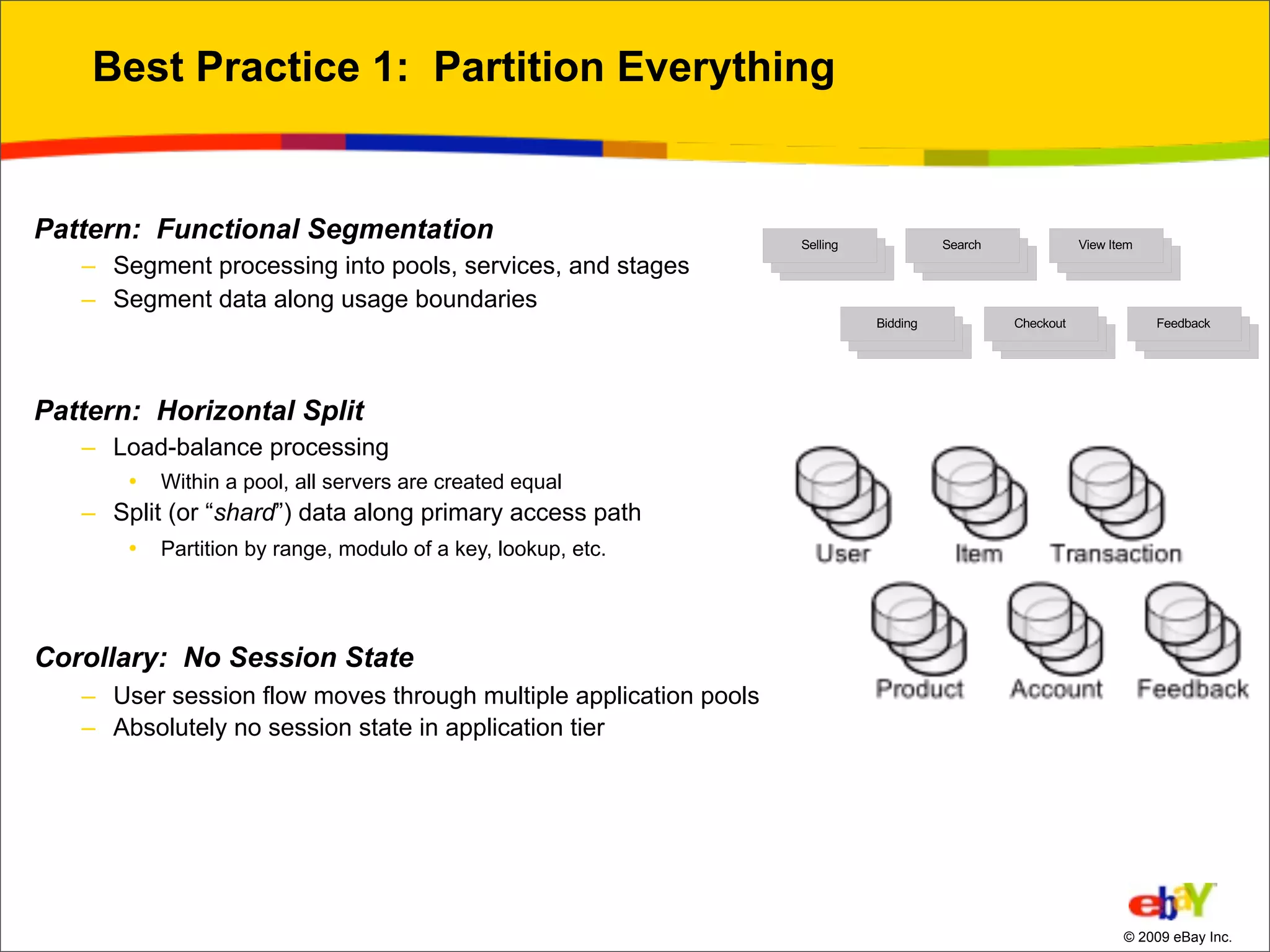 Best Practice 1: Partition Everything


Pattern: Functional Segmentation
   – Segment processing into pools, services, and stages
   – Segment data along usage boundaries



Pattern: Horizontal Split
   – Load-balance processing
       •   Within a pool, all servers are created equal
   – Split (or “shard”) data along primary access path
       •   Partition by range, modulo of a key, lookup, etc.




Corollary: No Session State
   – User session flow moves through multiple application pools
   – Absolutely no session state in application tier




                                                                  © 2009 eBay Inc.
 