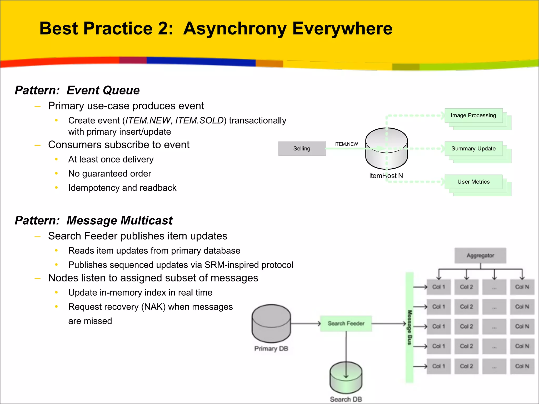 Best Practice 2: Asynchrony Everywhere


Pattern: Event Queue
   – Primary use-case produces event
       •   Create event (ITEM.NEW, ITEM.SOLD) transactionally
           with primary insert/update
   – Consumers subscribe to event
       •   At least once delivery
       •   No guaranteed order
       •   Idempotency and readback


Pattern: Message Multicast
   – Search Feeder publishes item updates
       •   Reads item updates from primary database
       •   Publishes sequenced updates via SRM-inspired protocol
   – Nodes listen to assigned subset of messages
       •   Update in-memory index in real time
       •   Request recovery (NAK) when messages
           are missed




                                                                   © 2009 eBay Inc.
 