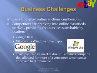 Business ChallengesUsers find eBay online auctions cumbersomeCompetitors are breaking into online classifieds markets, providing free services searchable by location:Google BaseMicrosoft’s Windows Live ExpoeBay lost China’s market due to TaoBao; a company that allowed for more of a consumer to consumer approach to eCommerce(O’Brien & Marakas, 372)(Xiaojuan & Davison, 145-148)