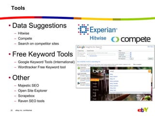 Tools20Data SuggestionsHitwise CompeteSearch on competitor sitesFree Keyword ToolsGoogle Keyword Tools (International)Wordtracker Free Keyword toolOtherMajestic SEOOpen Site ExplorerScrapeboxRaven SEO tools