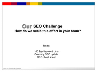 SEO Challenge How do we scale this effort in your team?OurIdeas:100 Top Keyword ListsQuarterly SEO updateSEO cheat sheet
