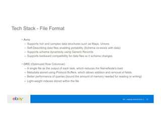 EP – Hadoop Summit 2015 21
Tech Stack - File Format
• Avro
– Supports rich and complex data structures such as Maps, Unions
– Self-Describing data files enabling portability (Schema co-exists with data)
– Supports schema dynamicity using Generic Records
– Supports backward compatibility for data files w.r.t schema changes
• ORC (Optimized Row Columnar)
– A single file as the output of each task, which reduces the NameNode's load
– Metadata stored using Protocol Buffers, which allows addition and removal of fields
– Better performance of queries (bound the amount of memory needed for reading or writing)
– Light-weight indexes stored within the file
 