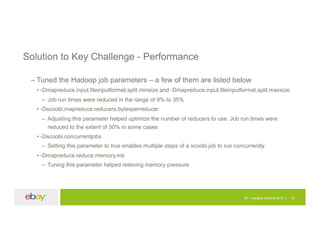 EP – Hadoop Summit 2015 27
Solution to Key Challenge - Performance
– Tuned the Hadoop job parameters – a few of them are listed below
• -Dmapreduce.input.fileinputformat.split.minsize and -Dmapreduce.input.fileinputformat.split.maxsize
– Job run times were reduced in the range of 9% to 35%
• -Dscoobi.mapreduce.reducers.bytesperreducer
– Adjusting this parameter helped optimize the number of reducers to use. Job run times were
reduced to the extent of 50% in some cases
• -Dscoobi.concurrentjobs
– Setting this parameter to true enables multiple steps of a scoobi job to run concurrently
• -Dmapreduce.reduce.memory.mb
– Tuning this parameter helped relieving memory pressure
 