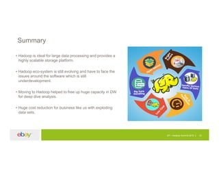 Summary
• Hadoop is ideal for large data processing and provides a
highly scalable storage platform.
• Hadoop eco-system is still evolving and have to face the
issues around the software which is still
underdevelopment.
• Moving to Hadoop helped to free up huge capacity in DW
for deep dive analysis.
• Huge cost reduction for business like us with exploding
data sets.
EP – Hadoop Summit 2015 33
 