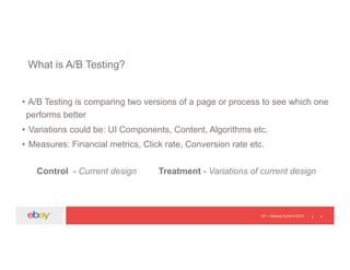 What is A/B Testing?
• A/B Testing is comparing two versions of a page or process to see which one
performs better
• Variations could be: UI Components, Content, Algorithms etc.
• Measures: Financial metrics, Click rate, Conversion rate etc.
Control - Current design Treatment - Variations of current design
EP – Hadoop Summit 2015 4
 