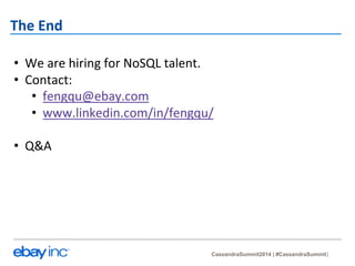 CassandraSummit2014 | #CassandraSummit 
The 
End 
• We 
are 
hiring 
for 
NoSQL 
talent. 
• Contact: 
• fengqu@ebay.com 
• www.linkedin.com/in/fengqu/ 
• Q&A 
