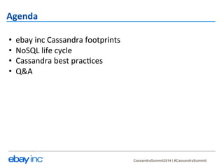 CassandraSummit2014 | #CassandraSummit 
Agenda 
• ebay 
inc 
Cassandra 
footprints 
• NoSQL 
life 
cycle 
• Cassandra 
best 
prac?ces 
• Q&A 
 