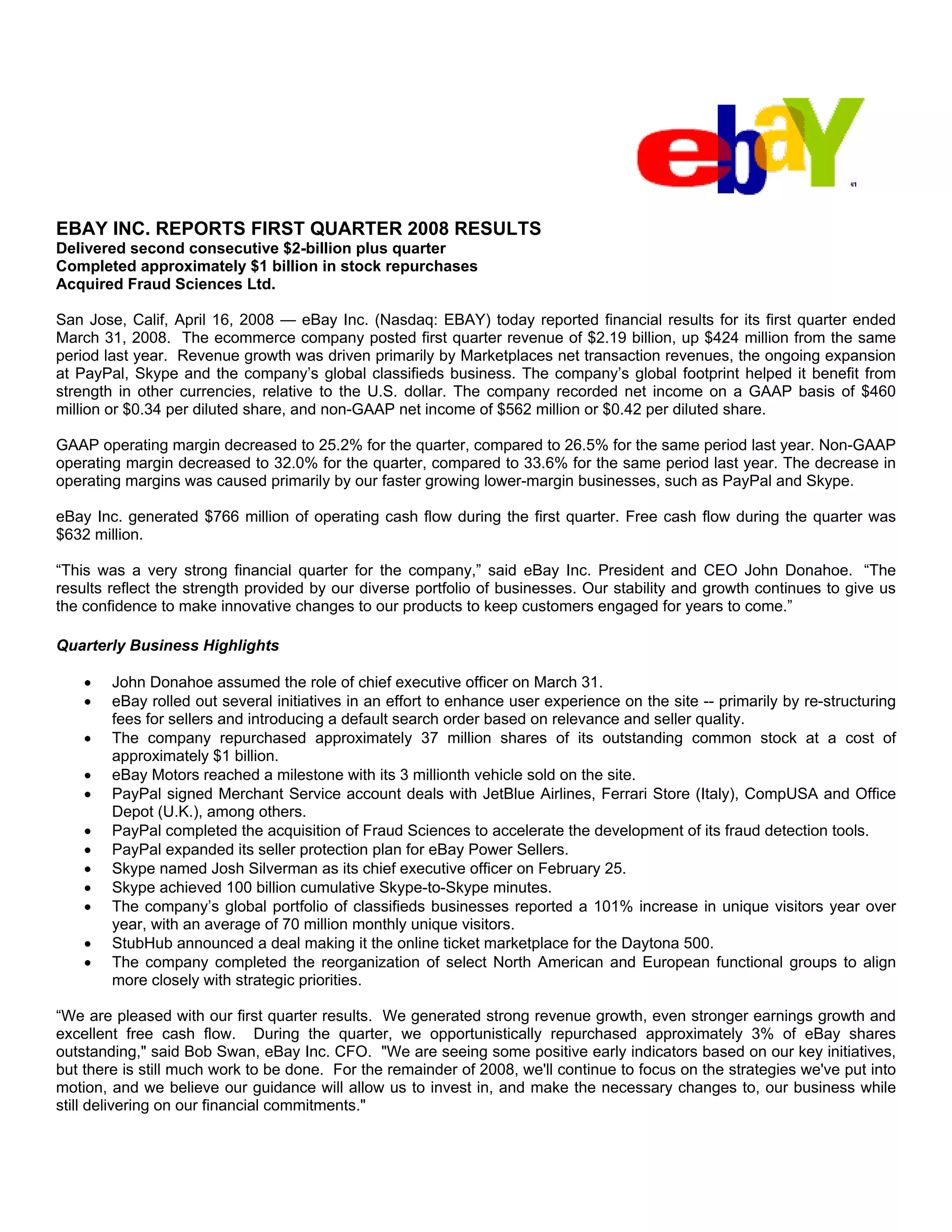 E Bay Finalq12008 Earnings Release