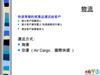 物流 快速準確的將產品運送給客戶 建立客戶採購信心 減少客戶庫存壓力 快速銷售到市場上 增加客戶接單競爭力   運送方式 : 海運 空運  ( Air Cargo .  國際快遞  ) 