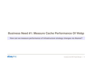 Business Need #1: Measure Cache Performance Of Webp 
How can we measure performance of infrastructure strategy changes via Akamai? 
Increasing Control With Property Manager 12 
 