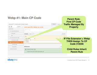 Webp #1: Main CP Code 
Parent Rule: 
First CP Code 
Traffic Managed By 
Property 
IF File Extension = Webp 
THEN Assign To CP 
Code 318356 
Child Rules Inherit 
Parent Rule 
Increasing Control With Property Manager 13 
 