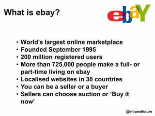 • World’s largest online marketplace
• Founded September 1995
• 200 million registered users
• More than 725,000 people make a full- or
part-time living on ebay
• Localised websites in 30 countries
• You can be a seller or a buyer
• Sellers can choose auction or ‘Buy it
now’
What is ebay?
@intranetfuture
 