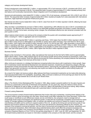 category and business development teams.
Product development costs totaled $21.7 million, or approximately 10% of net revenues in Q4-01, consistent with Q3-01, and
down from 11% of net revenues in Q4-00. The sequential dollar increase of approximately $1.5 million resulted primarily from
site feature and functionality improvements, iBazar integration and V3 architecture development.
General and administrative costs totaled $31.2 million, or about 14% of net revenues, compared with 14% in Q3-01 and 14% in
Q4-00. The sequential dollar increase of approximately $3.6 million resulted principally from costs associated with international
expansion, legal expenses and general infrastructure growth.
Net interest and other income totaled $6.5 million in Q4-01, down from the $11.6 million reported in Q4-00, reflecting the lower
interest rate environment.
eBay recorded a consolidated tax provision of $24.0 million, representing a 48% effective tax rate on Q4-01 consolidated pre-
tax income. The effective rate includes the impact of non-deductible goodwill amortization and losses in certain international
jurisdictions. On a pro forma basis, excluding certain charges, the consolidated effective tax rate remained consistent with the
prior quarter at 40%.
eBay's balance sheet remains very strong as the company ended the quarter with consolidated assets approaching $1.7
billion, including $1.1 billion in aggregate cash and investments.
For the quarter, eBay reported $83.7 million in operating cash flows, 143% higher than the $34.5 million reported in Q4-00.
$27.9 million of this amount is attributable to tax benefits on certain stock option exercises. Free cash flows for Q4-01 were
$69.9 million, 234% higher than the $20.9 million reported in Q4-00. For the full year 2001, eBay generated a record $252.1
million in operating cash flows, representing 152% growth versus operating cash flows of $100.1 million in 2000. Of the $252.1
million in operating cash flows, $81.7 million is attributable to tax benefits on certain stock option exercises. For the full year
2001, free cash flows grew to $194.7 million, 286% higher than the $50.4 million reported in 2000.
Business Outlook
Based on the momentum in the business, eBay now believes that revenues for the first half of 2002 could be approximately
$490 to $510 million. Further, eBay expects that Q1-02 net revenue growth will be driven primarily by transactions, both in the
U.S. and in international markets. Given the difficult environment for online advertising, the company believes that advertising
revenues as a percentage of net revenues will be down in Q1-02.
eBay continues to execute on a strategy that balances increasing bottom-line returns with investments in future growth. Near-
term investments include international development and selective expansion, broadening and deepening category offerings,
development of fixed price formats and other merchandising options, improving the user experience, ongoing development of
eBay's next generation architecture, and attracting new buyers and sellers to the eBay platform while building loyalty with
eBay's existing community of users.
As a result of its higher net revenue outlook, eBay believes that these incremental investments can be made while delivering
improved sequential bottom line profitability. Accordingly, eBay continues to believe pro forma earnings per share for the first
half of 2002 could range between $0.32 and $0.33 per diluted share.
About eBay
eBay is The World's Online Marketplace(TM). Founded in 1995, eBay created a powerful platform for the sale of goods and
services by a passionate community of individuals and businesses. On any given day, there are millions of items across
thousands of categories for sale on eBay, as well as on Half.com, eBay's site dedicated to fixed price trading. eBay enables
trade on a local, national and international basis with customized sites in markets around the world.
Forward Looking Statements
This announcement contains forward-looking statements that involve risks and uncertainties, including those relating to the
company's ability to grow its business and user base. Actual results could differ materially from those discussed. Factors that
could cause or contribute to such differences include, but are not limited to, the company's need to manage both an
increasingly broad range of businesses and significant growth, to deal with the increasingly competitive environment for online
trading, to manage regulatory and litigation risks, to maintain site stability and continue to expand its model to new types of
merchandise and sellers and to continue to expand outside of the U.S., as well as the timing and commercial success of new
features and functions added to the company's sites, the price and demand for advertising offered by the company, the
success of the company's commercial partners, and the costs of announced and prospective joint ventures, acquisitions and
other commercial transactions. More information about potential factors which could affect the company's business and
financial results is included in the company's Annual Report on Form 10-K for the year ended December 31, 2000, and the
company's Quarterly Reports on Form 10-Q for the periods ended March 31, 2001, June 30, 2001 and September 30, 2001.
All forward-looking statements are based on information available to the company on the date hereof, and the company
 