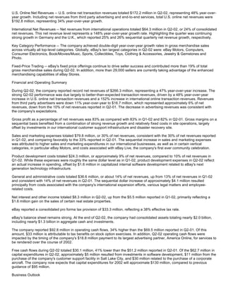 U.S. Online Net Revenues -- U.S. online net transaction revenues totaled $172.2 million in Q2-02, representing 48% year-over-
year growth. Including net revenues from third party advertising and end-to-end services, total U.S. online net revenues were
$192.8 million, representing 34% year-over-year growth.
International Net Revenues -- Net revenues from international operations totaled $64.3 million in Q2-02, or 24% of consolidated
net revenues. This net revenue level represents a 148% year-over-year growth rate. Highlighting the quarter was continuing
strong growth in Germany and the U.K., which reported 25% and 26% sequential quarterly net revenue growth, respectively.
Key Category Performance -- The company achieved double-digit year-over-year growth rates in gross merchandise sales
across virtually all top-level categories. Globally, eBay's ten largest categories in Q2-02 were: eBay Motors, Computers,
Consumer Electronics, Book/Movies/Music, Sports, Collectibles, Toys, Clothing & Accessories, Jewelry & Gemstones and
Photo.
Fixed-Price Trading -- eBay's fixed price offerings continue to drive seller success and contributed more than 19% of total
gross merchandise sales during Q2-02. In addition, more than 29,000 sellers are currently taking advantage of the enhanced
merchandising capabilities of eBay Stores.
Financial and Operating Summary
During Q2-02, the company reported record net revenues of $266.3 million, representing a 47% year-over-year increase. The
strong Q2-02 performance was due largely to better-than-expected transaction revenues, driven by a 48% year-over-year
increase in U.S. online net transaction revenues and a 152% increase in international online transaction revenues. Revenues
from third party advertisers were down 11% year-over-year to $16.7 million, which represented approximately 6% of net
revenues, down from the 10% of net revenues reported in Q2-01. The decrease in advertising revenues was consistent with
the company's expectations.
Gross profit as a percentage of net revenues was 83% as compared with 83% in Q1-02 and 82% in Q2-01. Gross margins on a
sequential basis benefited from a combination of strong revenue growth and relatively fixed costs in site operations, largely
offset by investments in our international customer support infrastructure and disaster recovery site.
Sales and marketing expenses totaled $79.8 million, or 30% of net revenues, consistent with the 30% of net revenues reported
in Q1-02, and comparing favorably to the 33% reported in Q2-01. The sequential increase in sales and marketing expenses
was attributed to higher sales and marketing expenditures in our international businesses, as well as in certain vertical
categories, in particular eBay Motors, and costs associated with eBay Live, the company's first ever community celebration.
Product development costs totaled $24.3 million, or approximately 9% of net revenues, compared to 10% of net revenues in
Q1-02. While these expenses were roughly the same dollar level as in Q1-02, product development expenses in Q2-02 reflect
an actual increase in spending, offset by $1.6 million in capitalized internal software development related to eBay's next
generation technology infrastructure.
General and administrative costs totaled $36.6 million, or about 14% of net revenues, up from 13% of net revenues in Q1-02
and consistent with 14% of net revenues in Q2-01. The sequential dollar increase of approximately $4.1 million resulted
principally from costs associated with the company's international expansion efforts, various legal matters and employee-
related costs.
Net interest and other income totaled $8.3 million in Q2-02, up from the $5.5 million reported in Q1-02, primarily reflecting a
$1.6 million gain on the sales of certain real estate properties.
eBay reported a consolidated pro forma tax provision of $33.3 million, reflecting a 38% effective tax rate.
eBay's balance sheet remains strong. At the end of Q2-02, the company had consolidated assets totaling nearly $2.0 billion,
including nearly $1.3 billion in aggregate cash and investments.
The company reported $92.8 million in operating cash flows, 34% higher than the $69.5 million reported in Q2-01. Of this
amount, $33 million is attributable to tax benefits on stock option exercises. In addition, Q2-02 operating cash flows were
impacted by the timing of the company's $18.8 million payment to its largest advertising partner, America Online, for services to
be rendered over the course of 2002.
Free cash flows during Q2-02 totaled $30.1 million, 41% lower than the $51.2 million reported in Q2-01. Of the $62.7 million in
capital expenditures in Q2-02, approximately $5 million resulted from investments in software development, $11 million from the
purchase of the company's customer support facility in Salt Lake City, and $30 million related to the purchase of a corporate
aircraft. The company now expects that capital expenditures for 2002 will approximate $130 million, compared to previous
guidance of $95 million.
Business Outlook
 