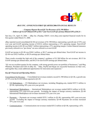 eBAY INC. ANNOUNCES FIRST QUARTER 2006 FINANCIAL RESULTS

                      – Company Reports Record Q1 Net Revenues of $1.390 Billion –
        – Delivers Q1 GAAP Diluted EPS of $0.17 and Non-GAAP (pro forma) Diluted EPS of $0.24 –

San Jose, CA, April 19, 2006 — eBay Inc. (Nasdaq: EBAY; www.ebay.com) reported financial results for its
first quarter ended March 31, 2006.

eBay reported record consolidated Q1-06 net revenues of $1.390 billion, representing a growth rate of 35% year
over year and GAAP operating income of $322.6 million representing a 23% operating margin. Non-GAAP
operating income in Q1-06 was $460.7 million representing a 33% operating margin. Certain financial measures
previously referred to as “pro forma” are now referred to as non-GAAP.

GAAP net income in Q1-06 was $248.3 million, or $0.17 earnings per diluted share. Non-GAAP net income in
Q1-06 was $342.9 million, or $0.24 earnings per diluted share.

These results exceeded the high end of the company’s guidance of $1.380 billion for net revenues, $0.15 for
GAAP earnings per diluted share, and $0.23 for non-GAAP earnings per diluted share.

“Q1 was an excellent quarter for the company, with strong growth across our portfolio of businesses,” said Meg
Whitman, President and CEO of eBay Inc. “eBay, PayPal and Skype are successful businesses on their own,
and together they create additional opportunities for innovation and expansion.”

Key Q1 Financial and Operating Metrics

Consolidated Net Revenues — Consolidated net revenues totaled a record $1.390 billion in Q1-06, a growth rate
of 35% over the $1.032 billion reported in Q1-05.

  • US Marketplaces — US Marketplaces net revenues, including Shopping.com, totaled $527.2 million in
    Q1-06, representing 30% year-over-year growth.

  • International Marketplaces — International Marketplaces net revenues totaled $493.0 million in Q1-06,
    representing 25% year-over-year growth. Excluding the impact of foreign currency translation, Q1-06
    International Marketplaces net revenues increased 32% year over year.

  • Payments — Payments net revenues totaled $335.1 million in Q1-06, representing 44% year-over-year
    growth. Excluding the impact of foreign currency translation, Q1-06 Payments net revenue increased
    47% year over year.

  • Communications — Communications net revenues totaled $35.2 million in Q1-06, representing a 42%
 