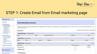 STEP 1: Create Email from Email marketing page
Lorem ipsum dolor sit amet, consectetur
adipiscing elit, sed do eiusmod tempor
incididunt ut labore et dolore magna aliqua
 