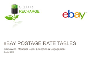 SELLER
RECHARGE

eBAY POSTAGE RATE TABLES
Tim Davies, Manager Seller Education & Engagement
October 2013

 