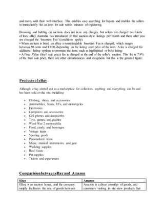 and more, with their web interface. This enables easy searching for buyers and enables the sellers
to immediately list an item for sale within minutes of registering.
Browsing and bidding on auctions does not incur any charges, but sellers are charged two kinds
of fees. eBay Australia has introduced 30 free auction-style listings per month and there after you
are charged the ‘Insertion Fee’ (conditions apply).
• When an item is listed on eBay a nonrefundable Insertion Fee is charged, which ranges
between 50 cents and $3.00, depending on the listing start price of the item. A fee is charged for
additional listing options to promote the item, such as highlighted or bold listing.
• A Final Value (final sale price) fee is charged at the end of the seller's auction. This fee is 7.9%
of the final sale price, there are other circumstances and exceptions but this is the general figure.
Products of eBay
Although eBay started out as a marketplace for collectors, anything and everything can be and
has been sold on the site, including:
 Clothing, shoes, and accessories
 Automobiles, boats, RVs, and motorcycles
 Electronics
 Computers and accessories
 Cell phones and accessories
 Toys, games, and puzzles
 Word War 2 memorabilia
 Food, candy, and beverages
 Vintage items
 Sporting goods
 Personalized items
 Music, musical instruments, and gear
 Wedding supplies
 Real Estate
 Pet supplies
 Tickets and experiences
ComparisionbetweeneBay and Amazon
Ebay Amazon
EBay is an auction house, and the company
simply facilitates the sale of goods between
Amazon is a direct provider of goods, and
customers visiting its site view products that
 
