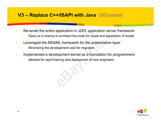 16
© 2006 eBay Inc.
V3 – Replace C++/ISAPI with Java 2002-present
• Re-wrote the entire application in J2EE application server framework
– Gave us a chance to architect the code for reuse and separation of duties
• Leveraged the MSXML framework for the presentation layer
– Minimizing the development cost for migration
• Implemented a development kernel as a foundation for programmers
– Allowed for rapid training and deployment of new engineerseBay,Inc.
 