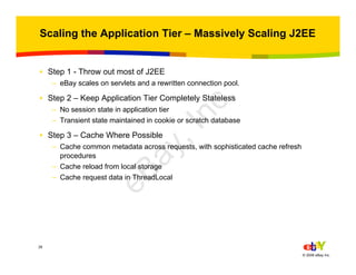 26
© 2006 eBay Inc.
Scaling the Application Tier – Massively Scaling J2EE
• Step 1 - Throw out most of J2EE
– eBay scales on servlets and a rewritten connection pool.
• Step 2 – Keep Application Tier Completely Stateless
– No session state in application tier
– Transient state maintained in cookie or scratch database
• Step 3 – Cache Where Possible
– Cache common metadata across requests, with sophisticated cache refresh
procedures
– Cache reload from local storage
– Cache request data in ThreadLocal
eBay,Inc.
 