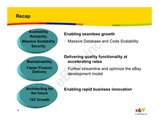 39
© 2006 eBay Inc.
Recap
Enabling seamless growth
• Massive Database and Code Scalability
Delivering quality functionality at
accelerating rates
• Further streamline and optimize the eBay
development model
Enabling rapid business innovation
Maintainability
Faster Product
Delivery
Architecting for
the future
10X Growth
Availability
Reliability
Massive Scalability
Security
eBay,Inc.
 