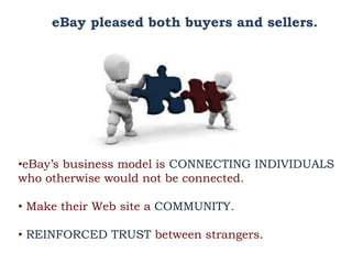 eBay pleased both buyers and sellers.
•eBay’s business model is CONNECTING INDIVIDUALS
who otherwise would not be connected.
• Make their Web site a COMMUNITY.
• REINFORCED TRUST between strangers.
 