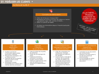 01: FIDÉLISER LES CLIENTS
                  Actions et outils ?


                                                                                                                                 A LA CARTE….
                                                               Connaître ses clients-clients                                        Choisissez
                                                                                                                                 uniquement les
                                                   Créer des fiches pour chaque client
                                                   Renseigner les fiches en fonction de critères sur mesure                     modules qui vous
                                                    : géographie, âges, CSP, centres d’intérêts…                                   intéressent !
                                                   Gérer un système de fidélité

                                                   Accéder aux informations depuis n’importe quel poste
                                                    informatique




             Créer des                          Optimiser                                Communiquer le bon              Uniformiser et centraliser les
            applications                        l’utilisation                           message sur le bon canal                 supports de
              mobile                          de son site Web                             de communication                     communication

  Faciliter la recherche              Créer et publier des enquêtes                    Créer des campagnes d’e-        Centraliser tous les documents
   d’informations géolocalisées         de satisfaction                                   mailing avec messages            de communication
   (promotions, parkings)              Publier des témoignages des                       personnalisés par segments      Disposer d’une seule version à
  Proposer des campagnes sms           clients                                           de clientèles                    jour des documents de
   ou réseaux sociaux                  Publier les promotions,                          Communiquer sur des séjours      communication
  Organiser des jeux et proposer       animations, nouveautés                            à thème, des nouveautés,        Pouvoir partager en interne
   des lots incitant la vente          Faciliter l’achat en ligne                        des offres de fidélité et de     des informations sur ces
   additionnelle                       Interfacer l’agenda et les news                   parrainage, des promotions       documents
  Développer la réalité                avec les réseaux sociaux                         Générer automatiquement
   augmentée pour inciter le client    Améliorer son référencement                       des publications liées aux
   à entrer dans les commerces          naturel                                           campagnes sur les réseaux
                                                                                          sociaux



     22/02/2013                                                 Commerce : Action ! by EBAZTEN                                                     4
 