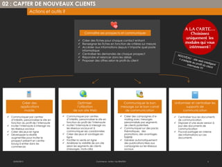 02 : CAPTER DE NOUVEAUX CLIENTS
                    Actions et outils ?


                                                                                                                                      A LA CARTE….
                                                             Connaître ses prospects et communiquer                                      Choisissez
                                                                                                                                      uniquement les
                                                        Créer des fiches pour chaque contact entrant
                                                        Renseigner les fiches en fonction de critères sur mesure                     modules qui vous
                                                        Accéder aux informations depuis n’importe quel poste                           intéressent !
                                                         informatique
                                                        Centraliser les demandes de chaque prospect
                                                        Répondre et relancer dans les délais
                                                        Proposer des offres selon le profil du client




              Créer des                              Optimiser                                  Communiquer le bon            Uniformiser et centraliser les
             applications                            l’utilisation                             message sur le bon canal               supports de
               mobile                              de son site Web                               de communication                   communication

  Communiquer par centres                 Communiquer par centres                             Créer des campagnes d’e-      Centraliser tous les documents
   d’intérêts, personnaliser le site en     d’intérêts, personnaliser le site en                 mailing avec messages          de communication
   fonction du profil de l’internaute       fonction du profil de l’internaute                   personnalisés par segments    Disposer d’une seule version à
  Inciter l’internaute à interagir via    Inciter l’internaute à interagir via                 de clients potentiels          jour des documents de
   les réseaux sociaux                      les réseaux sociaux et à                            Communiquer sur des packs      communication
  Créer des jeux en ligne                  communiquer ses coordonnées                          thématiques, des              Pouvoir partager en interne
  Développer la réalité                   Créer des jeux et sondages en                        promotions, des avantages      des informations sur ces
   augmentée pour inciter le                ligne                                                fidélité                       documents
   prospect présent en centre-             Faciliter la vente en ligne                         Générer automatiquement
   bourg à entrer dans les                 Améliorer la visibilité de son site                  des publications liées aux
   commerces                                selon les segments de clients                        campagnes sur les réseaux
                                            (messages, mots-clés)                                sociaux



      22/02/2013                                                       Commerce : Action ! by EBAZTEN                                                   6
 