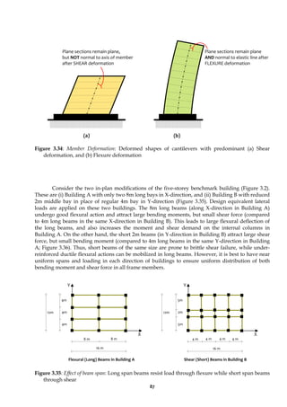 87
(a) (b)
Figure 3.34: Member Deformation: Deformed shapes of cantilevers with predominant (a) Shear
deformation, and (b) Flexure deformation
Consider the two in-plan modifications of the five-storey benchmark building (Figure 3.2).
These are (i) Building A with only two 8m long bays in X-direction, and (ii) Building B with reduced
2m middle bay in place of regular 4m bay in Y-direction (Figure 3.35). Design equivalent lateral
loads are applied on these two buildings. The 8m long beams (along X-direction in Building A)
undergo good flexural action and attract large bending moments, but small shear force (compared
to 4m long beams in the same X-direction in Building B). This leads to large flexural deflection of
the long beams, and also increases the moment and shear demand on the internal columns in
Building A. On the other hand, the short 2m beams (in Y-direction in Building B) attract large shear
force, but small bending moment (compared to 4m long beams in the same Y-direction in Building
A; Figure 3.36). Thus, short beams of the same size are prone to brittle shear failure, while under-
reinforced ductile flexural actions can be mobilized in long beams. However, it is best to have near
uniform spans and loading in each direction of buildings to ensure uniform distribution of both
bending moment and shear force in all frame members.
Figure 3.35: Effect of beam span: Long span beams resist load through flexure while short span beams
through shear
12m
16 m
Y
X
8 m 8 m
4m
4m
4m
12m
16 m
Y
X
4 m 4 m 4 m 4 m
2m
5m
5m
Flexural (Long) Beams in Building A Shear (Short) Beams in Building B
Plane sections remain plane,
but NOT normal to axis of member
after SHEAR deformation
Plane sections remain plane
AND normal to elastic line after
FLEXURE deformation
 