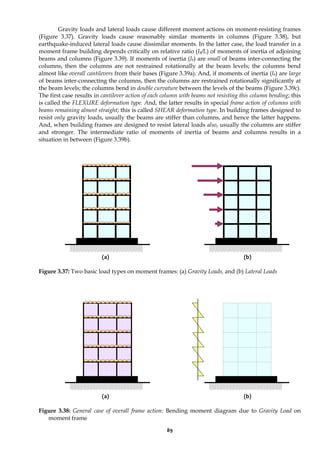89
Gravity loads and lateral loads cause different moment actions on moment-resisting frames
(Figure 3.37). Gravity loads cause reasonably similar moments in columns (Figure 3.38), but
earthquake-induced lateral loads cause dissimilar moments. In the latter case, the load transfer in a
moment frame building depends critically on relative ratio (Ib/Ic) of moments of inertia of adjoining
beams and columns (Figure 3.39). If moments of inertia (Ib) are small of beams inter-connecting the
columns, then the columns are not restrained rotationally at the beam levels; the columns bend
almost like overall cantilevers from their bases (Figure 3.39a). And, if moments of inertia (Ib) are large
of beams inter-connecting the columns, then the columns are restrained rotationally significantly at
the beam levels; the columns bend in double curvature between the levels of the beams (Figure 3.39c).
The first case results in cantilever action of each column with beams not resisting this column bending; this
is called the FLEXURE deformation type. And, the latter results in special frame action of columns with
beams remaining almost straight; this is called SHEAR deformation type. In building frames designed to
resist only gravity loads, usually the beams are stiffer than columns, and hence the latter happens.
And, when building frames are designed to resist lateral loads also, usually the columns are stiffer
and stronger. The intermediate ratio of moments of inertia of beams and columns results in a
situation in between (Figure 3.39b).
(a) (b)
Figure 3.37: Two basic load types on moment frames: (a) Gravity Loads, and (b) Lateral Loads
(a) (b)
Figure 3.38: General case of overall frame action: Bending moment diagram due to Gravity Load on
moment frame
 