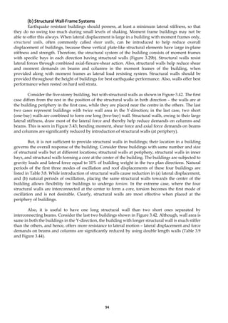 94
(b) Structural Wall-Frame Systems
Earthquake resistant buildings should possess, at least a minimum lateral stiffness, so that
they do no swing too much during small levels of shaking. Moment frame buildings may not be
able to offer this always. When lateral displacement is large in a building with moment frames only,
structural walls, often commonly called shear walls, can be introduced to help reduce overall
displacement of buildings, because these vertical plate-like structural elements have large in-plane
stiffness and strength. Therefore, the structural system of the building consists of moment frames
with specific bays in each direction having structural walls (Figure 3.29b). Structural walls resist
lateral forces through combined axial-flexure-shear action. Also, structural walls help reduce shear
and moment demands on beams and columns in the moment frames of the building, when
provided along with moment frames as lateral load resisting system. Structural walls should be
provided throughout the height of buildings for best earthquake performance. Also, walls offer best
performance when rested on hard soil strata.
Consider the five-storey building, but with structural walls as shown in Figure 3.42. The first
case differs from the rest in the position of the structural walls in both direction – the walls are at
the building periphery in the first case, while they are placed near the centre in the others. The last
two cases represent buildings with twice wall area in the Y-direction; in the last case, two short
(one-bay) walls are combined to form one long (two-bay) wall. Structural walls, owing to their large
lateral stiffness, draw most of the lateral force and thereby help reduce demands on columns and
beams. This is seen in Figure 3.43; bending moment, shear force and axial force demands on beams
and columns are significantly reduced by introduction of structural walls (at periphery).
But, it is not sufficient to provide structural walls in buildings; their location in a building
governs the overall response of the building. Consider three buildings with same number and size
of structural walls but at different locations; structural walls at periphery, structural walls in inner
bays, and structural walls forming a core at the center of the building. The buildings are subjected to
gravity loads and lateral force equal to 10% of building weight in the two plan directions. Natural
periods of the first three modes of oscillation and roof displacements of these four buildings are
listed in Table 3.8. While introduction of structural walls cause reduction in (a) lateral displacement,
and (b) natural periods of oscillation, placing the same structural walls towards the center of the
building allows flexibility for buildings to undergo torsion. In the extreme case, where the four
structural walls are interconnected at the center to form a core, torsion becomes the first mode of
oscillation and is not desirable. Clearly, structural walls are most effective when placed at the
periphery of buildings.
Also, it is useful to have one long structural wall than two short ones separated by
interconnecting beams. Consider the last two buildings shown in Figure 3.42. Although, wall area is
same in both the buildings in the Y-direction, the building with longer structural wall is much stiffer
than the others, and hence, offers more resistance to lateral motion – lateral displacement and force
demands on beams and columns are significantly reduced by using double length walls (Table 3.9
and Figure 3.44).
 