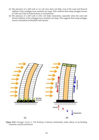 112
(1) The presence of a stiff wall on one side alone does not help, even if the axial and flexural
stiffness of the outrigger truss members are large. This confirms that using outrigger trusses
in Tube and Tube-in-Tube Systems is not beneficial.
(2) The presence of a stiff wall on either side helps immensely, especially when the axial and
flexural stiffness of the outrigger truss members are large. This suggests that using outrigger
trusses is beneficial in Bundled-Tube System.
(a) (b)
Figure 3.63: Outrigger trusses in Tall Buildings: Columns dominantly under effects of (a) bending
moments, and (b) axial forces
Compression
Tension
Compression
Tension
Bending
Moment
 