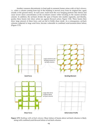 125
Another common discontinuity in load path in moment frames arises with set-back columns,
i.e., when a column coming from top of the building is moved away from its original line, again
usually at the ground storey. In such cases, loads from the over hanging portions take detour and
cause severe stress concentration at the re-entrant corners while traveling to the nearest set-back
column. In addition, the set-back divides the span of beams into smaller segments, and thereby,
pushes these beams into shear action (as against flexural action; Figure 3.36). These beams then
draw large amount of shear force, and can fail in brittle shear mode. As a consequence, set-back
columns subjected to large axial force, become vulnerable to combined axial-moment-shear failure
(Figure 3.73).
Figure 3.73: Buildings with set-back columns: Shear failure of beams above set-back columns is likely
along with combined axial-flexural failure of set-back columns
Large axial force and
bending moment in
set-back columns
Large shear force
in beams above
set-back columns
Shear Force Deformation Profile
Axial Force Bending Moment
 