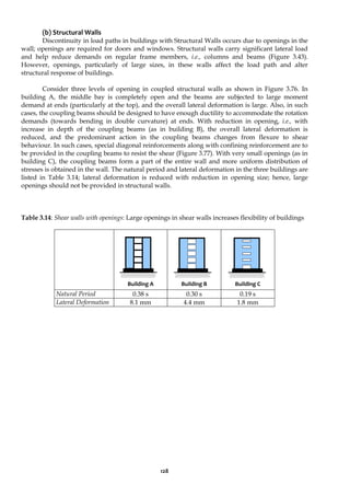 128
(b) Structural Walls
Discontinuity in load paths in buildings with Structural Walls occurs due to openings in the
wall; openings are required for doors and windows. Structural walls carry significant lateral load
and help reduce demands on regular frame members, i.e., columns and beams (Figure 3.43).
However, openings, particularly of large sizes, in these walls affect the load path and alter
structural response of buildings.
Consider three levels of opening in coupled structural walls as shown in Figure 3.76. In
building A, the middle bay is completely open and the beams are subjected to large moment
demand at ends (particularly at the top), and the overall lateral deformation is large. Also, in such
cases, the coupling beams should be designed to have enough ductility to accommodate the rotation
demands (towards bending in double curvature) at ends. With reduction in opening, i.e., with
increase in depth of the coupling beams (as in building B), the overall lateral deformation is
reduced, and the predominant action in the coupling beams changes from flexure to shear
behaviour. In such cases, special diagonal reinforcements along with confining reinforcement are to
be provided in the coupling beams to resist the shear (Figure 3.77). With very small openings (as in
building C), the coupling beams form a part of the entire wall and more uniform distribution of
stresses is obtained in the wall. The natural period and lateral deformation in the three buildings are
listed in Table 3.14; lateral deformation is reduced with reduction in opening size; hence, large
openings should not be provided in structural walls.
Table 3.14: Shear walls with openings: Large openings in shear walls increases flexibility of buildings
Building A Building B Building C
Natural Period 0.38 s 0.30 s 0.19 s
Lateral Deformation 8.1 mm 4.4 mm 1.8 mm
 