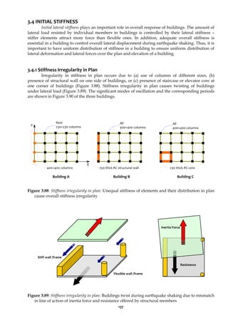 137
3.4 INITIAL STIFFNESS
Initial lateral stiffness plays an important role in overall response of buildings. The amount of
lateral load resisted by individual members in buildings is controlled by their lateral stiffness –
stiffer elements attract more force than flexible ones. In addition, adequate overall stiffness is
essential in a building to control overall lateral displacement during earthquake shaking. Thus, it is
important to have uniform distribution of stiffness in a building to ensure uniform distribution of
lateral deformation and lateral forces over the plan and elevation of a building.
3.4.1 Stiffness Irregularity in Plan
Irregularity in stiffness in plan occurs due to (a) use of columns of different sizes, (b)
presence of structural wall on one side of buildings, or (c) presence of staircase or elevator core at
one corner of buildings (Figure 3.88). Stiffness irregularity in plan causes twisting of buildings
under lateral load (Figure 3.89). The significant modes of oscillation and the corresponding periods
are shown in Figure 3.90 of the three buildings.
Figure 3.88: Stiffness irregularity in plan: Unequal stiffness of elements and their distribution in plan
cause overall stiffness irregularity
Figure 3.89: Stiffness irregularity in plan: Buildings twist during earthquake shaking due to mismatch
in line of action of inertia force and resistance offered by structural members
400×400 columns
Y
X
Rest
230×230 columns
Building B Building C
250 thick RC structural wall
All
400×400 columns
Building A
230 thick RC core
All
400×400 columns
Resistance
Inertia Force
Stiff wall /frame
Flexible wall /frame
 