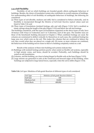 167
3.4.4 Soil Flexibility
Flexibility of soil on which buildings are founded greatly affects earthquake behaviour of
buildings. Besides, the choice of foundation system also contributes to overall response of buildings.
For understanding effect of soil flexibility on earthquake behaviour of buildings, the following are
considered:
(a) Three types of soil (flexible, medium and stiff): Soil is considered to behave elastically, and its
flexibility is incorporated through the Modulus of Sub-Grade Reaction; typical values used are
listed in Table 3.16; and
(b) Three types of foundations (isolated footings, pile and raft) (Figure 3.111): Soil is modeled as
elastic springs along the length of the pile (Figure 3.112) and below the raft and footings.
The buildings considered, with the types of foundations supported on the above types of soils, have
10-storeys with 4 bays in X-direction and 3 in Y-direction, each of 4m span. The member sizes are
those of the benchmark building discussed in Chapter 2. When combined footings are used, the
columns are constrained to deflect vertically by themselves; in such cases, the combined footing has
large area over which rests on the soil. This makes the columns that are combined to behave the
way they would when they are placed on a single raft. Of course, as more columns are combined,
the behaviour of the building moves closer to that of a building completely rested on a raft.
Results of the analyses of these nine building-soil systems indicate that:
(1) Buildings with isolated footings perform poorly when rested on flexible soil systems, especially
in high seismic zones, and hence, should be avoided. Preferably, such buildings should be
rested on raft foundations;
(2) Columns, and the building, are close to being hinged in flexible soils at the base (Figure 3.113);
(3) Large stresses are generated in soils at the windward and leeward edges of the building, when
buildings are subjected to large lateral forces, especially when the soil is stiffer (Figure 3.114).
Table 3.16: Soil types: Modulus of Sub-grade Reaction of different types of soil considered
Soil Type Modulus of Sub-grade Reaction (kN/m3)
Soft Soil 100
Medium Soil 10,000
Hard Rock 400,000
 