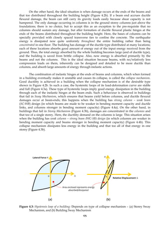 175
On the other hand, the ideal situation is when damage occurs at the ends of the beams and
that too distributed throughout the building height (Figure 4.2b). If a beam end accrues ductile
flexural damage, the beam can still carry its gravity loads easily because shear capacity is not
hampered. The only damage occurring in columns is in the ground storey columns just above the
foundations; there is no choice, but to accept this as an exception to the pre-requisite that no
columns should sustain any damage, but after formation of ductile flexural plastic hinges at the
ends of the beams distributed throughout the building height. Here, the bases of columns can be
specially provided with closely spaced transverse ties to confine the concrete. The earthquake
energy is dissipated now quite uniformly throughout the entire building rather than being
concentrated in one floor. The building has damage of the ductile type distributed at many locations;
each of these locations absorbs good amount of energy out of the input energy received from the
ground. Thus, the total energy absorbed by the whole building becomes large (and of ductile type),
and the building is saved from brittle collapse. Also, now energy is absorbed primarily by the
beams and not the columns. This is the ideal situation because beams, with no/relatively less
compression loads on them, inherently can be designed and detailed to be more ductile than
columns, and absorb large amounts of energy through inelastic actions.
The combination of inelastic hinges at the ends of beams and columns, which when formed
in a building eventually makes it unstable and causes its collapse, is called the collapse mechanism.
Good ductility is achieved in a building when the collapse mechanism is of the desirable type
shown in Figure 4.2b. In such a case, the hysteretic loops of its load-deformation curve are stable
and full (Figure 4.3a). These type of hysteretic loops imply good energy dissipation in the building
through each of the inelastic hinges at the beam ends. Such a behaviour is observed in buildings
that fail in Sway Mechanism, which ensures that beams yield before columns, and ductile flexural
damages occur at beam-ends; this happens when the building has strong column – weak beam
(SC-WB) design (in which beams are made to be weaker in bending moment capacity and ductile
links, and columns stronger in bending moment capacity) (Figure 4.4a). On the other hand, in
buildings that fail in Storey Mechanism (Figure 4.3b), damages are concentrated in the columns and
that too of a single storey. Here, the ductility demand on the columns is large. This situation arises
when the building has weak column – strong beam (WC-SB) design (in which columns are weaker in
bending moment capacity and beams stronger in bending moment capacity) (Figure 4.4b). This
collapse mechanism dissipates less energy in the building and that too all of that energy in one
storey (Figure 4.3b).
(a) (b)
Figure 4.3: Hysteresis loop of a building: Depends on type of collapse mechanism – (a) Storey Sway
Mechanism, and (b) Building Sway Mechanism
Lateral Force H H
Relative Displacement Δ
Δ 0
0
Area enclosed represents energy
absorbed/dissipated
 