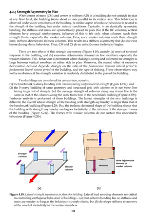 186
4.2.3 Strength Asymmetry in Plan
When center of mass (CM) and center of stiffness (CS) of a building do not coincide in plan
at any floor level, the building twists about an axis parallel to its vertical axis. This behaviour is
observed under elastic conditions of the building. A similar aspect of inelastic behaviour is related to
the strength of the building, but under inelastic conditions. Typically, in an elastically symmetric
building, the stiffness and mass are symmetrically placed in plan. But, if the RC columns/vertical
elements have unequal reinforcement, influence of this is felt only when columns reach their
strength limits, especially the weaker columns. Here, once weaker columns reach their strength
limit, stiffness deteriorates in those columns. This results in a stiffness asymmetry that did not exist
before during elastic behaviour. Thus, CM and CS do no coincide once inelasticity begins.
There are two effects of this strength asymmetry (Figure 4.18), namely (a) onset of torsional
response in the building, and (b) excessive deformation demand on few members, especially the
weaker columns. This behaviour is prominent when shaking is strong and difference in strengths is
large between vertical members on either side in plan. Moreover, the second effect of excessive
deformation demand depends strongly on the ratio of the fundamental torsional natural period to
fundamental lateral natural period of the building, and the type of shaking. These observations may
not be so obvious, if the strength variation is randomly distributed in the plan of the building.
Two buildings are considered for comparison, namely:
(1) the benchmark 5-storey building with columns having uniform lateral strength (Figure 4.19a); and
(2) the 5-storey building of same geometry and structural grid with columns on in two frame lines
having larger lateral strength, but the average strength of columns along any frame line is the
same as that of the columns along the same frame line in the benchmark building (Figure 4.19b);
Pushover analysis is performed of these buildings. The lateral strengths of the two buildings is
different; the overall lateral strength of the building with strength asymmetry is larger than that of
the benchmark building (Figure 4.20). But, the inelastic deformed shape of the building shows that
the building with strength asymmetry undergoes inelasticity in the columns of the stronger frames
of the building (Figure 4.21c). The frames with weaker columns do not sustain this undesirable
behaviour (Figure 4.21b).
(a) (b)
Figure 4.18: Lateral strength asymmetry in plan of a building: Lateral load resisting elements are critical
in controlling earthquake behaviour of buildings – (a) four-column building has no stiffness and
mass asymmetry so long as the behaviour is purely elastic, but (b) develops stiffness asymmetry
at the onset of inelasticity in the weaker members
Resistance
Inertia Force
Stronger
columns
Weaker
columns
More deformation
demand on
weaker columns
 