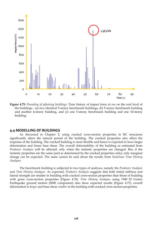 238
0
200
400
600
800
1000
1200
1400
1600
0 10 20 30 40 50 60 70 80 90
Figure 4.75: Pounding of adjoining buildings: Time history of impact force at one on the roof level of
the buildings - (a) two identical 5-storey benchmark buildings, (b) 5-storey benchmark building
and another 4-storey building, and (c) one 5-storey benchmark building and one 10-storey
building.
4.4 MODELLING OF BUILDINGS
As discussed in Chapter 2, using cracked cross-section properties in RC structures
significantly alters the natural period of the building. The cracked properties also affect the
response of the building. The cracked building is more flexible and hence is expected to have larger
deformation and lesser base shear. The overall deformability of the building as estimated from
Pushover Analysis will be affected, only when the inelastic properties are changed. But, if the
inelastic properties are the same (and as determined by the cracked properties only), only marginal
change can be expected. The same cannot be said about the results from Nonlinear Time History
Analyses.
The benchmark building is subjected to two types of analyses, namely the Pushover Analysis
and Time History Analyses. As expected, Pushover Analysis suggests that both initial stiffness and
lateral strength are smaller in building with cracked cross-section properties than those of building
with gross cross-section properties (Figure 4.76). Time History Analyses using 1940 El Centro
Earthquake ground motion (S00E component) also show expected results (Figure 4.77); overall
deformation is larger and base shear smaller in the building with cracked cross-section properties.
Time (s)
Impact
Force
(kN)
1,363 kN
 