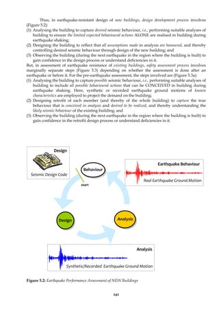 242
Thus, in earthquake-resistant design of new buildings, design development process involves
(Figure 5.2):
(1) Analysing the building to capture desired seismic behaviour, i.e., performing suitable analyses of
building to ensure the limited expected behavioural actions ALONE are realised in building during
earthquake shaking;
(2) Designing the building to reflect that all assumptions made in analysis are honoured, and thereby
controlling desired seismic behaviour through design of the new building; and
(3) Observing the building (during the next earthquake in the region where the building is built) to
gain confidence in the design process or understand deficiencies in it.
But, in assessment of earthquake resistance of existing buildings, safety assessment process involves
marginally separate steps (Figure 5.3) depending on whether the assessment is done after an
earthquake or before it. For the pre-earthquake assessment, the steps involved are (Figure 5.3a):
(1) Analysing the building to capture possible seismic behaviour, i.e., performing suitable analyses of
building to include all possible behavioural actions that can be CONCEIVED in building during
earthquake shaking. Here, synthetic or recorded earthquake ground motions of known
characteristics are employed to project the demand on the building;
(2) Designing retrofit of each member (and thereby of the whole building) to capture the true
behaviour that is conceived in analysis and desired to be realized, and thereby understanding the
likely seismic behaviour of the existing building; and
(3) Observing the building (during the next earthquake in the region where the building is built) to
gain confidence in the retrofit design process or understand deficiencies in it.
Figure 5.2: Earthquake Performance Assessment of NEW Buildings
Design Analysis
Real Earthquake Ground Motion
Synthetic/Recorded Earthquake Ground Motion
Seismic Design Code
Behaviour
Earthquake Behaviour
Analysis
start
Design
 