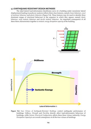 245
5.2 EARTHQUAKE-RESISTANT DESIGN METHODS
The ideal lateral load-deformation (backbone) curve of a building under monotonic lateral
displacement loading in pushover analysis reflects three clear features, namely linear behaviour, onset
of nonlinear behaviour and plastic behaviour (Figure 5.4). These features may be used to identify three
dominant ranges of structural behaviour in the sequence in which they appear, namely elastic
behaviour, early inelastic behaviour and ductile inelastic behaviour. An important consequence of all
these three characteristics together is inelastic energy dissipation capacity of the building.
Figure 5.4: Four Virtues of Earthquake-Resistant Buildings control earthquake performance of
buildings: Stiffness, Strength and Ductility directly affect load-deformation behaviour of
buildings, while Seismic Structural Configuration affects these three virtues indirectly; Energy
Dissipation Capacity is an overall consequence of all the four virtues of buildings
Strength
Stiffness
Ductility
H
Δ
Lateral Deformation Δ
Inelastic Energy
Lateral
Force
H
 