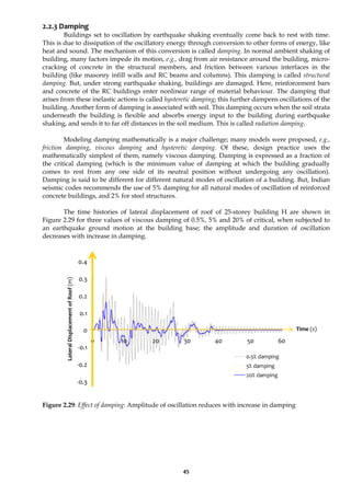 45
2.2.3 Damping
Buildings set to oscillation by earthquake shaking eventually come back to rest with time.
This is due to dissipation of the oscillatory energy through conversion to other forms of energy, like
heat and sound. The mechanism of this conversion is called damping. In normal ambient shaking of
building, many factors impede its motion, e.g., drag from air resistance around the building, micro-
cracking of concrete in the structural members, and friction between various interfaces in the
building (like masonry infill walls and RC beams and columns). This damping is called structural
damping. But, under strong earthquake shaking, buildings are damaged. Here, reinforcement bars
and concrete of the RC buildings enter nonlinear range of material behaviour. The damping that
arises from these inelastic actions is called hysteretic damping; this further dampens oscillations of the
building. Another form of damping is associated with soil. This damping occurs when the soil strata
underneath the building is flexible and absorbs energy input to the building during earthquake
shaking, and sends it to far off distances in the soil medium. This is called radiation damping.
Modeling damping mathematically is a major challenge; many models were proposed, e.g.,
friction damping, viscous damping and hysteretic damping. Of these, design practice uses the
mathematically simplest of them, namely viscous damping. Damping is expressed as a fraction of
the critical damping (which is the minimum value of damping at which the building gradually
comes to rest from any one side of its neutral position without undergoing any oscillation).
Damping is said to be different for different natural modes of oscillation of a building. But, Indian
seismic codes recommends the use of 5% damping for all natural modes of oscillation of reinforced
concrete buildings, and 2% for steel structures.
The time histories of lateral displacement of roof of 25-storey building H are shown in
Figure 2.29 for three values of viscous damping of 0.5%, 5% and 20% of critical, when subjected to
an earthquake ground motion at the building base; the amplitude and duration of oscillation
decreases with increase in damping.
Figure 2.29: Effect of damping: Amplitude of oscillation reduces with increase in damping
-0.3
-0.2
-0.1
0
0.1
0.2
0.3
0.4
0 10 20 30 40 50 60
0.5% damping
5% damping
20% damping
Lateral
Displacement
of
Roof
(m)
Time (s)
 