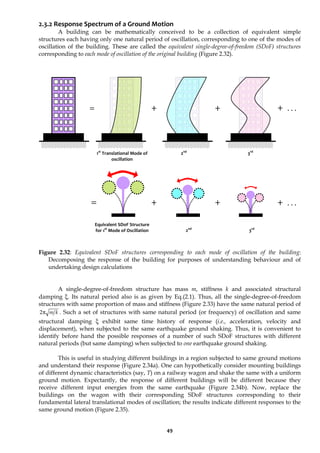 49
2.3.2 Response Spectrum of a Ground Motion
A building can be mathematically conceived to be a collection of equivalent simple
structures each having only one natural period of oscillation, corresponding to one of the modes of
oscillation of the building. These are called the equivalent single-degree-of-freedom (SDoF) structures
corresponding to each mode of oscillation of the original building (Figure 2.32).
Figure 2.32: Equivalent SDoF structures corresponding to each mode of oscillation of the building:
Decomposing the response of the building for purposes of understanding behaviour and of
undertaking design calculations
A single-degree-of-freedom structure has mass m, stiffness k and associated structural
damping ξ. Its natural period also is as given by Eq.(2.1). Thus, all the single-degree-of-freedom
structures with same proportion of mass and stiffness (Figure 2.33) have the same natural period of
k
m
π
2 . Such a set of structures with same natural period (or frequency) of oscillation and same
structural damping ξ exhibit same time history of response (i.e., acceleration, velocity and
displacement), when subjected to the same earthquake ground shaking. Thus, it is convenient to
identify before hand the possible responses of a number of such SDoF structures with different
natural periods (but same damping) when subjected to one earthquake ground shaking.
This is useful in studying different buildings in a region subjected to same ground motions
and understand their response (Figure 2.34a). One can hypothetically consider mounting buildings
of different dynamic characteristics (say, T) on a railway wagon and shake the same with a uniform
ground motion. Expectantly, the response of different buildings will be different because they
receive different input energies from the same earthquake (Figure 2.34b). Now, replace the
buildings on the wagon with their corresponding SDoF structures corresponding to their
fundamental lateral translational modes of oscillation; the results indicate different responses to the
same ground motion (Figure 2.35).
Equivalent SDoF Structure
for 1st
Mode of Oscillation
+ +
1st
Translational Mode of
oscillation
2nd
3rd
+ + + …
=
2nd
3rd
= + …
 