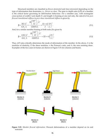 85
Structural members are classified as flexure-dominated and shear-dominated depending on the
type of deformation that dominates, i.e., flexure or shear. The span to depth ratio (L/D) of a member
is the critical factor governing its deformation behaviour. For a member (say, with rectangular
cross-section of width b and depth D, and length L) framing at one end only, the ratio β of its pure
flexural translational stiffness to pure shear translational stiffness is given by
( )
( ) 2
3
3
s
3
L
D
2
1
L
bD
G
L
12
bD
E
3
L
GA
L
EI
3






ν
+
=








=
=
β . (3.1)
And, for a similar member framing at both ends, β is given by
( )
( )
2
3
3
s
3
L
D
1
2
L
bD
G
L
12
bD
E
3
L
GA
L
EI
12






ν
+
=








=
=
β . (3.2)
Thus, L/D ratio critically determines the mode of deformation of the member. In the above, E is the
modulus of elasticity, G the shear modulus, ν the Poisson’s ratio, and As the area resisting shear.
Examples of the two cases in frames are shown in Figure 3.31 for columns and beams.
Figure 3.31: Member flexural deformation: Flexural deformations of a member depend on its end
restraints
Flexible Beam Rigid Beam Rigid Beam
Member A
(Column)
Member B
(Column)
Member C
(Column)
Member C
(Beam)
Member A
(Beam)
 