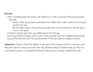 Directions:
1. Prior to planting seeds, the teacher will model how to make a journal of their growing seeds
each day.
- Teacher will do this journal a week before the children will in order to document the plant
growth each day.
- She will model a page in the journal by drawing what the see looks like on the last day in
front of the group.
3. Students will each plant their own alfalfa seed on the first day.
4. Each day students will draw and/or write in their journals what their individual seeds look like.
They will then describe what their seeds look like to their best abilities verbally to teacher.
Assessment: Teacher will ask the children to talk about their drawings and then write down what
they have said (on a sticky note) with their help. (Shared writing) If students have put effort to-
ward making a picture or writing what they see, they have successfully completed this task.
 